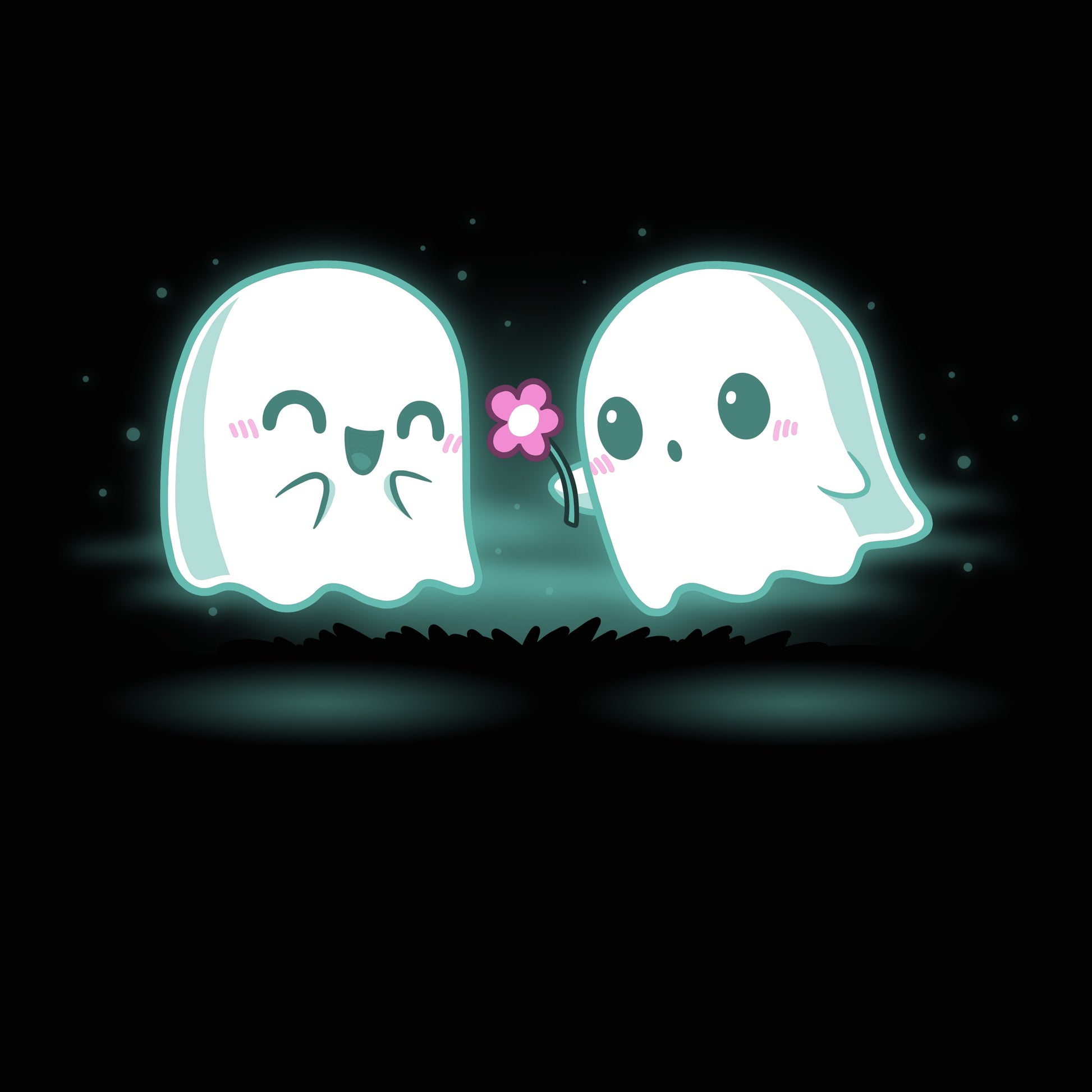 Premium Cotton T-shirt_TeeTurtle One Boo Love black t-shirt featuring two cute kawaii ghost-like Halloween characters are glowing softly in the dark on a black apparel. One ghost is smiling with eyes closed while the other offers a pink flower.