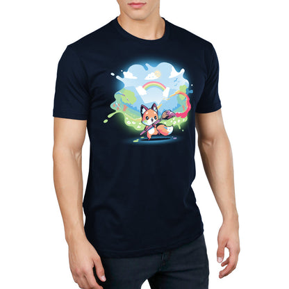 Premium Cotton T-shirt_TeeTurtle Paint Your Own World navy blue t-shirt featuring a drawing cartoon fox who holds a paintbrush, trailing vibrant colors as it paints a lively landscape with hills, trees, a rainbow, and a bright sky 