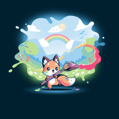 Premium Cotton T-shirt_TeeTurtle Paint Your Own World navy blue t-shirt featuring a drawing cartoon fox who holds a paintbrush, trailing vibrant colors as it paints a lively landscape with hills, trees, a rainbow, and a bright sky 