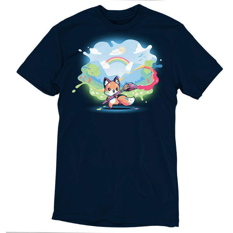 Premium Cotton T-shirt_TeeTurtle Paint Your Own World navy blue t-shirt featuring a drawing cartoon fox who holds a paintbrush, trailing vibrant colors as it paints a lively landscape with hills, trees, a rainbow, and a bright sky 