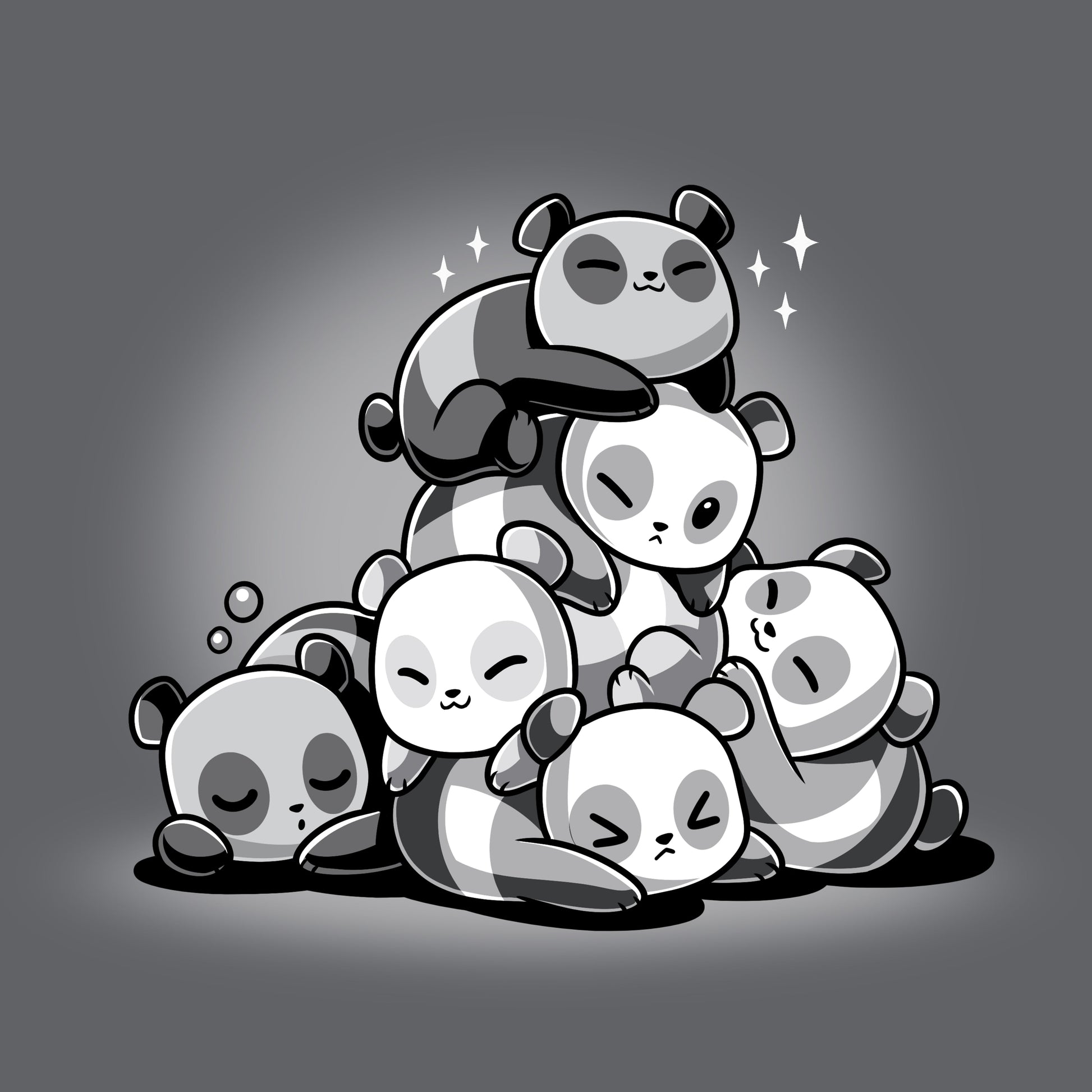 Premium Cotton T-shirt_TeeTurtle Panda Pile Charcoal Gray t-shirt featuring a group of cartoon pandas sleeping in a stack. 