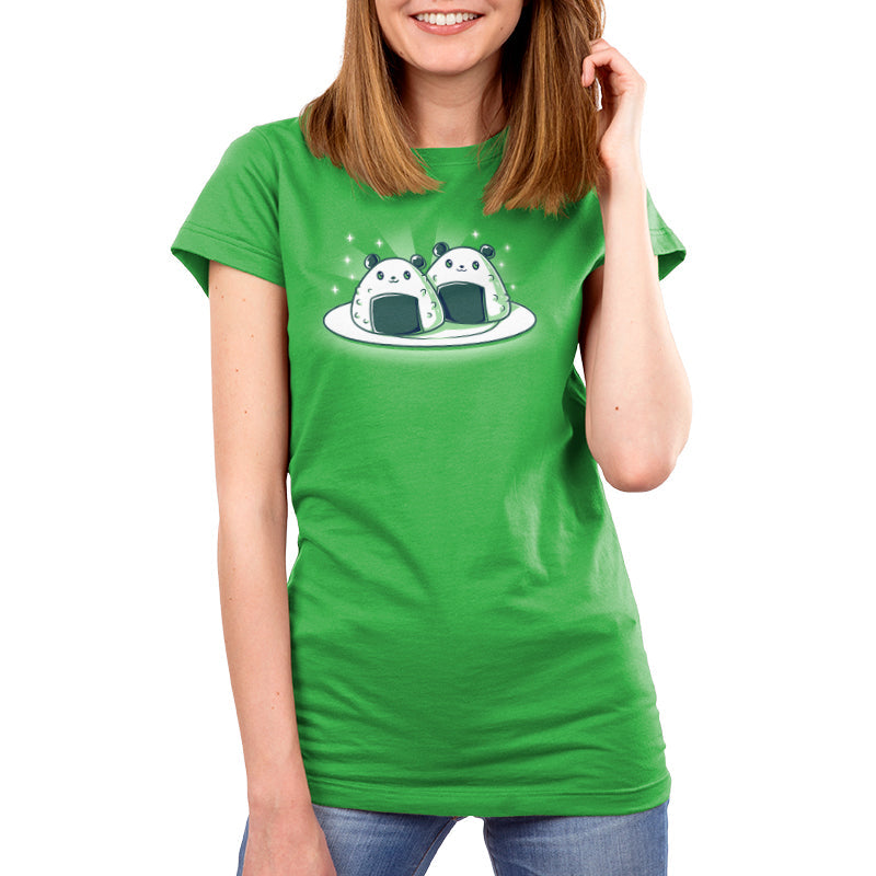 Premium Cotton T-shirt_Teeturtle Panda Onigiri apple green t-shirt featuring a pair of cute, cartoon-styled Panda-shaped Onigiri on a plate.