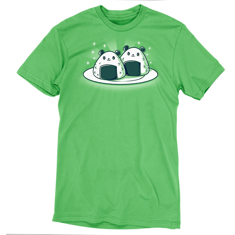 Premium Cotton T-shirt_Teeturtle Panda Onigiri apple green t-shirt featuring a pair of cute, cartoon-styled Panda-shaped Onigiri on a plate.