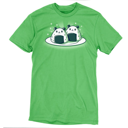 Premium Cotton T-shirt_Teeturtle Panda Onigiri apple green t-shirt featuring a pair of cute, cartoon-styled Panda-shaped Onigiri on a plate.