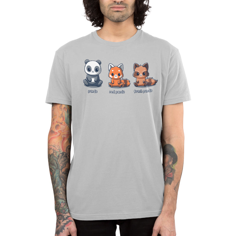 Premium Cotton T-shirt_TeeTurtle Panda, Red Panda, Trash Panda silver gray t-shirt featuring a panda, red panda, and raccoon sitting next to each other. 