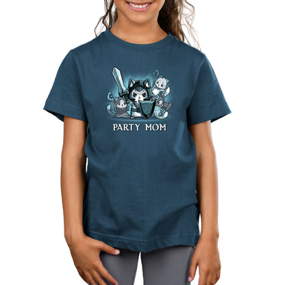 Premium Cotton T-shirt_TeeTurtle Party Mom denim blue t-shirt featuring a ferocious girl power cat mom holding a sword and shield surrounded by her cubs holding various tabletop gaming weapons.