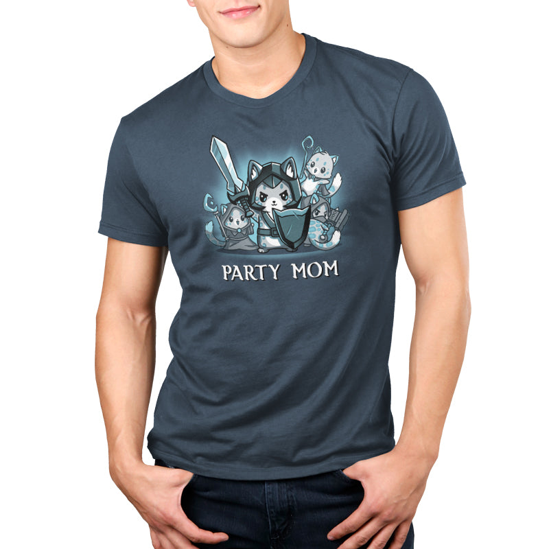 Premium Cotton T-shirt_TeeTurtle Party Mom denim blue t-shirt featuring a ferocious girl power cat mom holding a sword and shield surrounded by her cubs holding various tabletop gaming weapons.