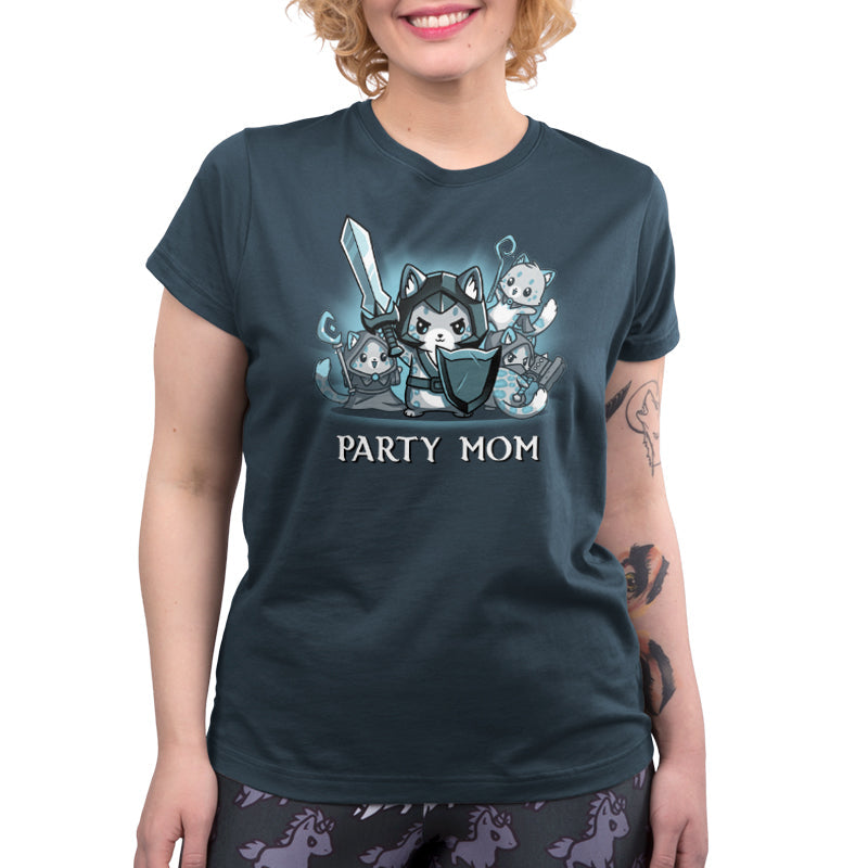 Premium Cotton T-shirt_TeeTurtle Party Mom denim blue t-shirt featuring a ferocious girl power cat mom holding a sword and shield surrounded by her cubs holding various tabletop gaming weapons.