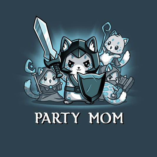 Premium Cotton T-shirt_TeeTurtle Party Mom denim blue t-shirt featuring a ferocious girl power cat mom holding a sword and shield surrounded by her cubs holding various tabletop gaming weapons.