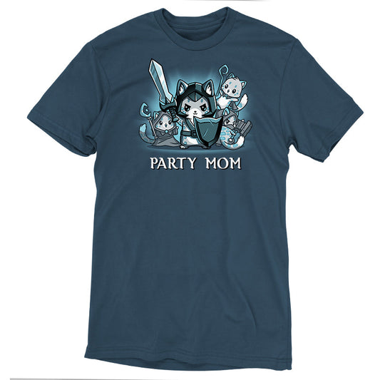 Premium Cotton T-shirt_TeeTurtle Party Mom denim blue t-shirt featuring a ferocious girl power cat mom holding a sword and shield surrounded by her cubs holding various tabletop gaming weapons.