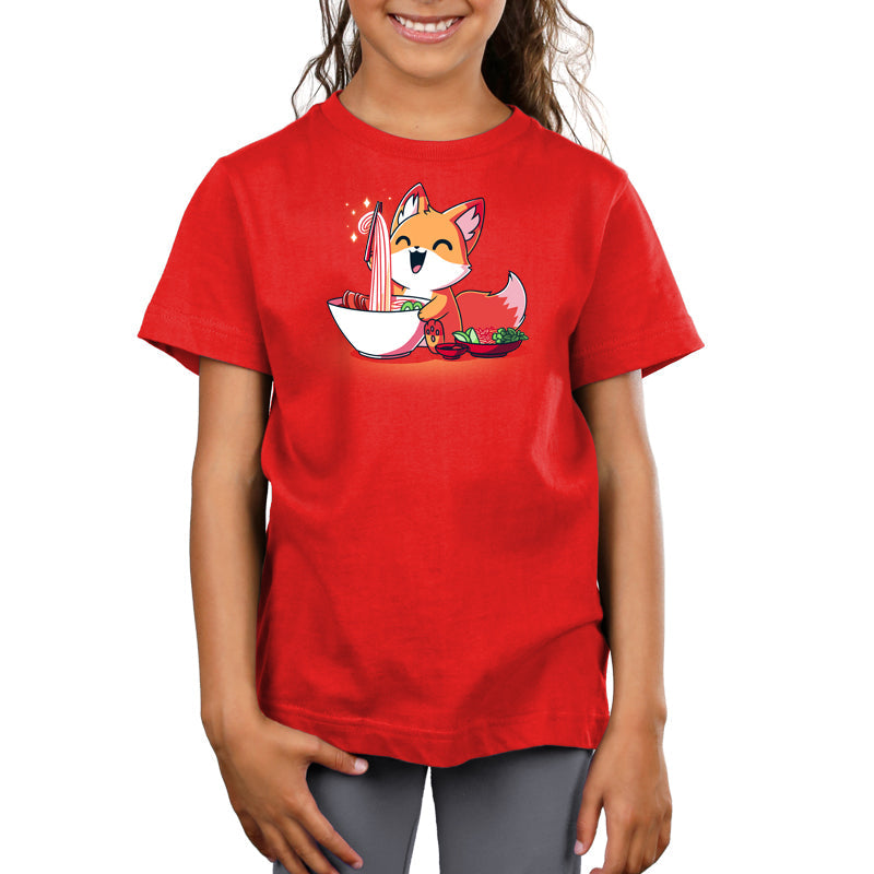 Premium Cotton T-shirt_TeeTurtle Pho Fox red t-shirt featuring a happy fox eating a bowl of pho noodles. 