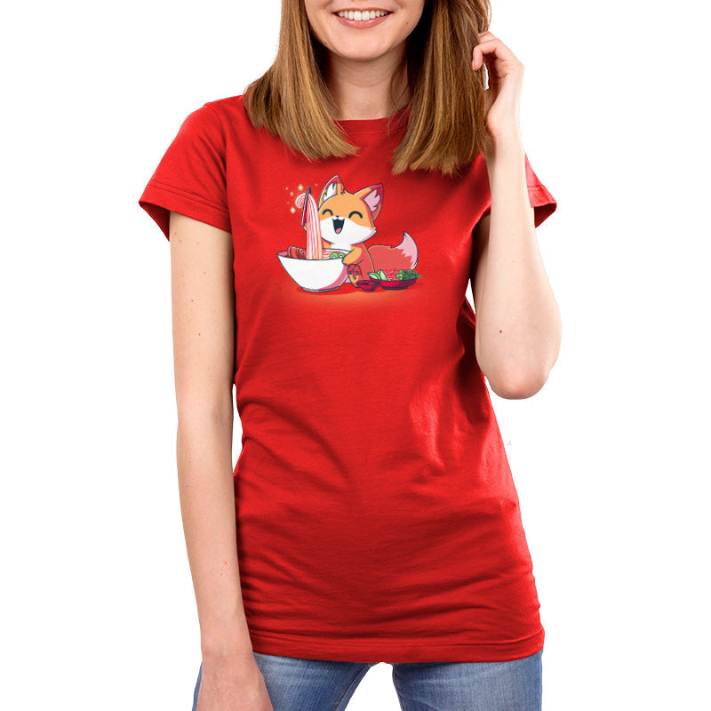 Premium Cotton T-shirt_TeeTurtle Pho Fox red t-shirt featuring a happy fox eating a bowl of pho noodles. 