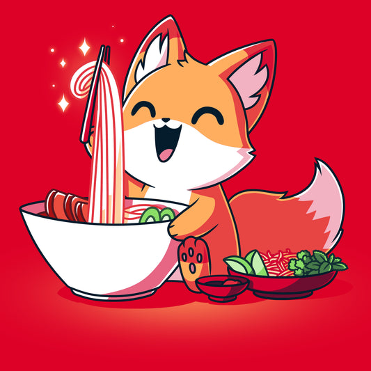 Premium Cotton T-shirt_TeeTurtle Pho Fox red t-shirt featuring a happy fox eating a bowl of pho noodles. 