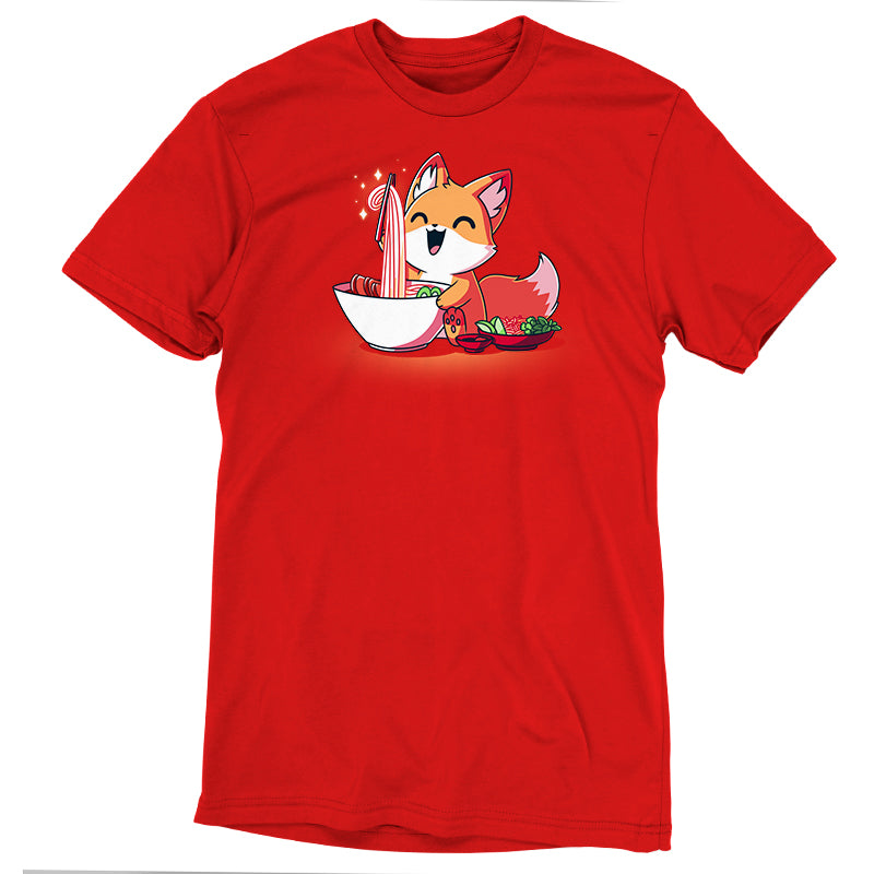 Premium Cotton T-shirt_TeeTurtle Pho Fox red t-shirt featuring a happy fox eating a bowl of pho noodles. 