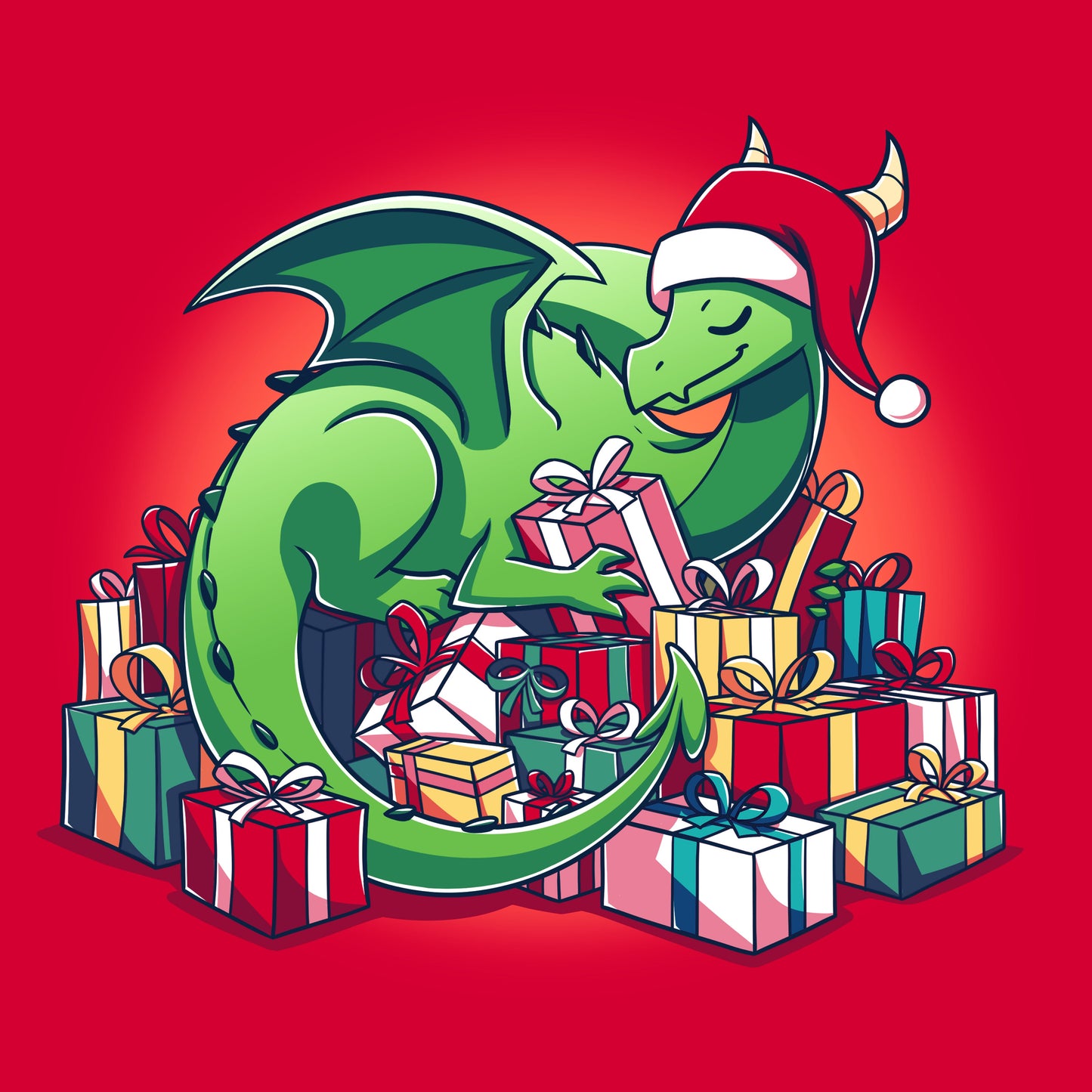 Premium Cotton T-shirt - A green dragon with a Santa hat surrounded by Present Hoarder presents from TeeTurtle.