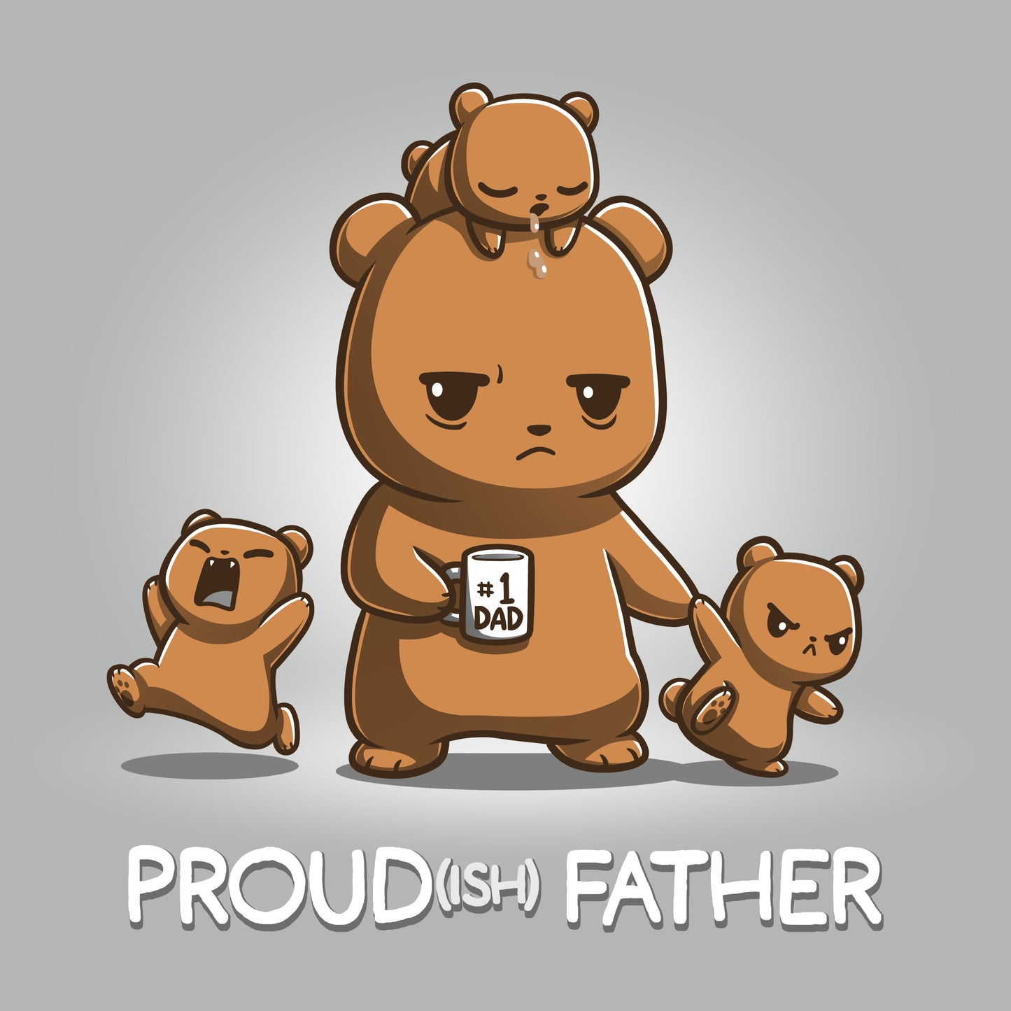 Premium Cotton T-shirt - An illustration of a bear holding a "#1 Dad" mug with a baby bear on its head, one bear cub crying, and another bear cub pulling on its leg. The text "PROUD(ISH) FATHER" is at the bottom, making this Proud(ish) Father apparel made by monsterdigital from super soft ringspun cotton perfect for any dad's wardrobe.