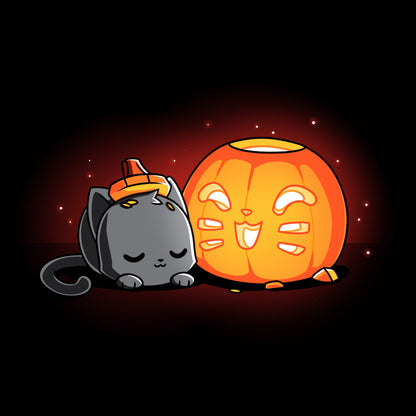 Premium Cotton T-shirt_TeeTurtle Pumpkin Carver black t-shirt featuring a cat sleeping next to a cute Halloween jack-o-lantern