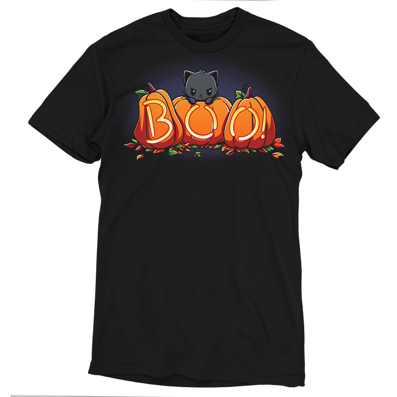 Premium Cotton T-shirt_TeeTurtle Pumpkin Kitty black t-shirt featuring a spooky black cat sitting behind three pumpkins that spell "BOO!" with glowing letters, surrounded by scattered leaves in Halloween fall colors. 