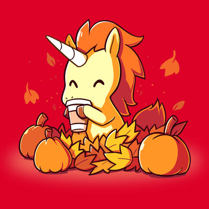 Premium Cotton T-shirt_TeeTurtle Pumpkin Spice Unicorn garnet red t-shirt featuring Pumpkin Spice Unicorn. Featuring a unicorn drinking pumpkin spice coffee surrounded by pumpkins and falling leaves.