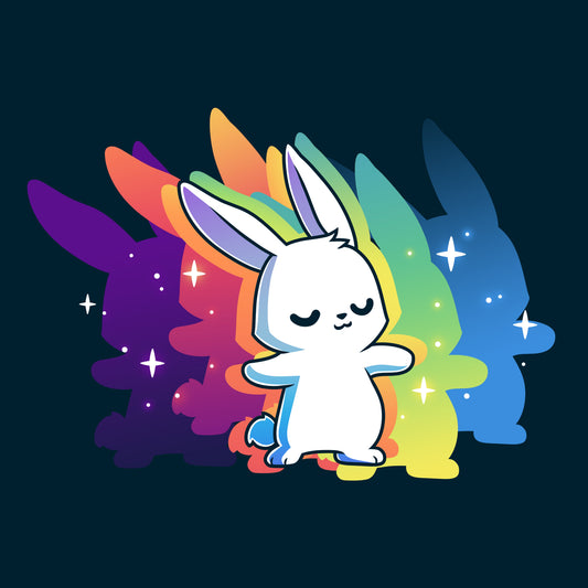 Premium Cotton T-shirt - A white cartoon bunny stands with arms outstretched in front of multicolored shadow silhouettes, with small sparkles around it, against a dark background on this super soft ringspun cotton Queer Vibes Only apparel by monsterdigital.