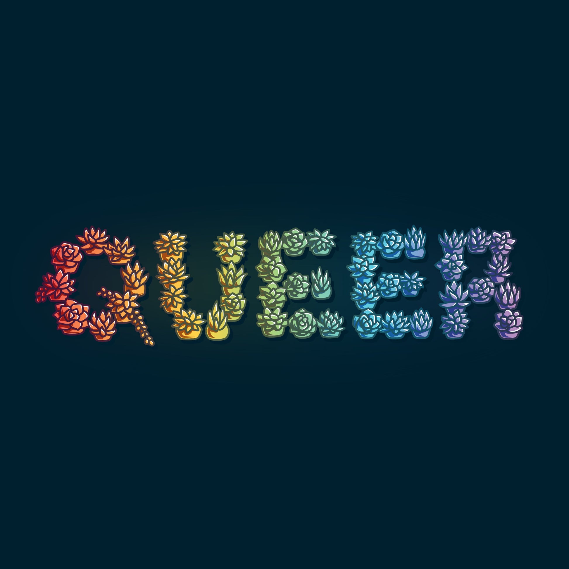 Premium Cotton T-shirt - The word "QUEER" is formed using a variety of colorful flowers, arranged in a gradient from red to violet, against a dark background on the Queer and Proud apparel by monsterdigital.