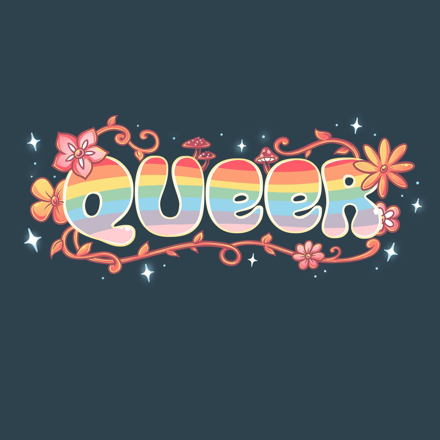 Premium Cotton T-shirt_TeeTurtle Queer denim blue t-shirt featuring an artistic "queer" word filled with rainbows and surrounded by flowers, vines, and mushrooms.