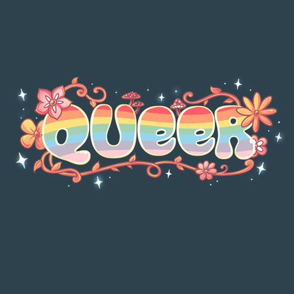 Premium Cotton T-shirt_TeeTurtle Queer denim blue t-shirt featuring an artistic "queer" word filled with rainbows and surrounded by flowers, vines, and mushrooms.