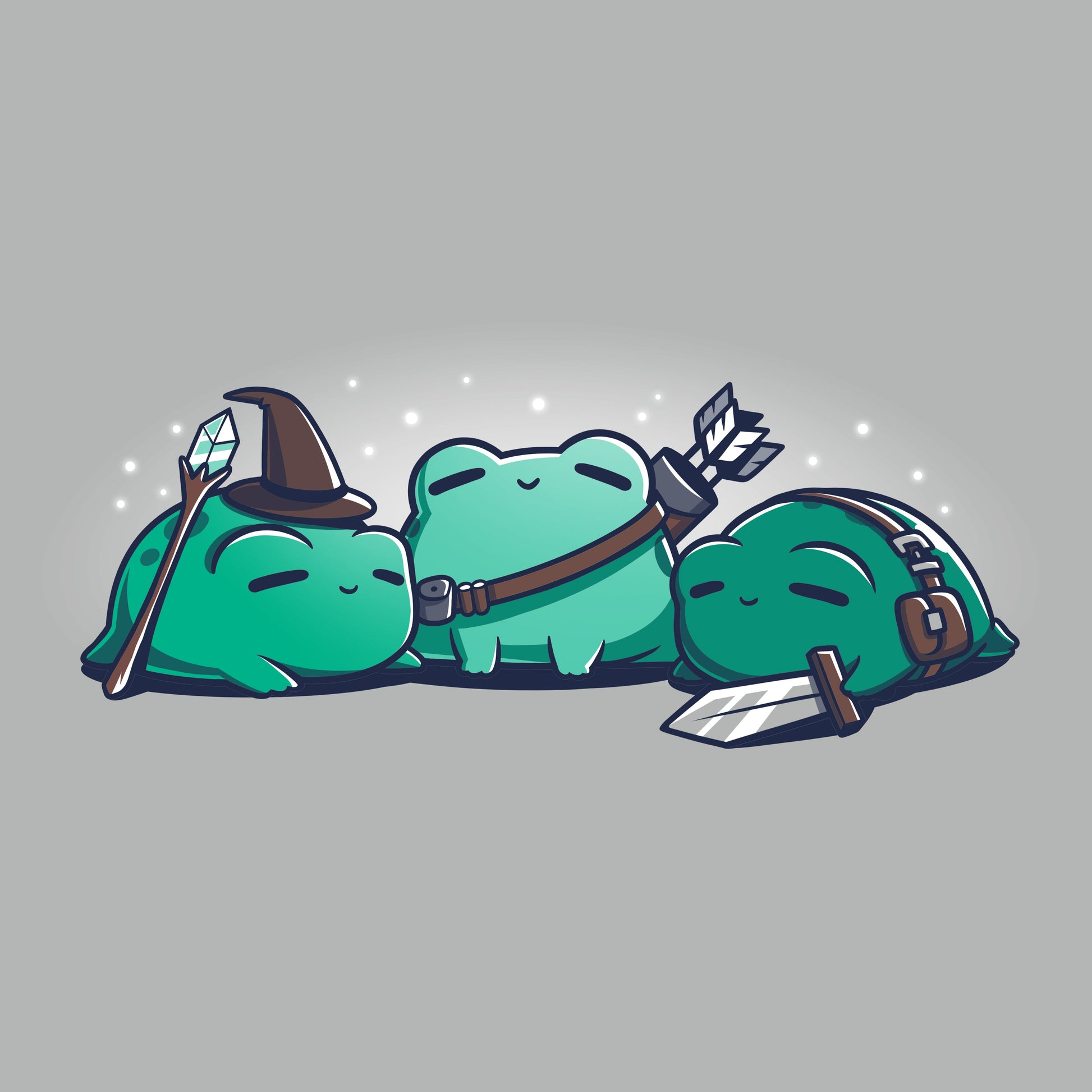 Premium Cotton T-shirt - Three cartoon green frogs, each dressed as different fantasy characters: a wizard with a staff, a warrior with a bow and quiver, and a knight with a sword and helmet, on a grey background. Perfect design for monsterdigital RPG Frogs Kids apparels to spark their imagination!