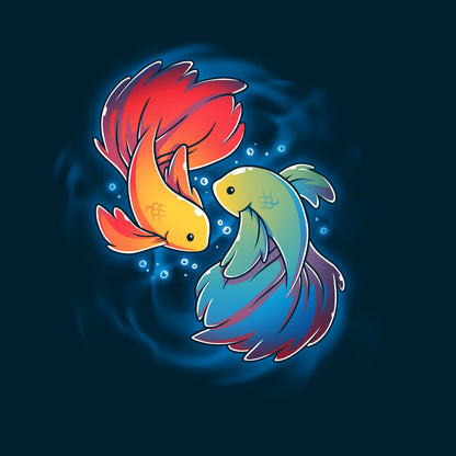 Premium Cotton T-shirt_TeeTurtle Rainbow Betta navy blue t-shirt featuring two colorful Rainbow Betta fish displaying their pride colors swimming in a circular pattern.