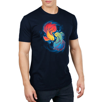 Premium Cotton T-shirt_TeeTurtle Rainbow Betta navy blue t-shirt featuring two colorful Rainbow Betta fish displaying their pride colors swimming in a circular pattern.