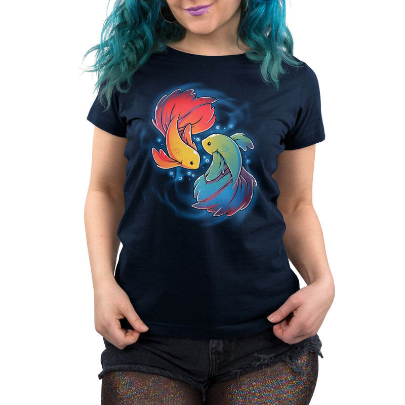 Premium Cotton T-shirt_TeeTurtle Rainbow Betta navy blue t-shirt featuring two colorful Rainbow Betta fish displaying their pride colors swimming in a circular pattern.