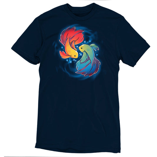 Premium Cotton T-shirt_TeeTurtle Rainbow Betta navy blue t-shirt featuring two colorful Rainbow Betta fish displaying their pride colors swimming in a circular pattern.