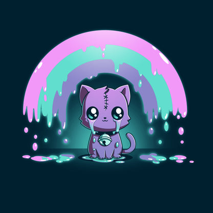 Premium Cotton T-shirt_TeeTurtle Rainbow Crying Cat navy blue t-shirt featuring a cute purple cat with large eyes and a spooky stitched forehead, sitting under a dripping pink, green, and purple rainbow.