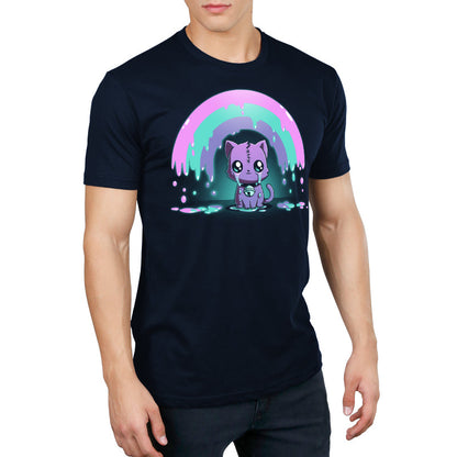 Premium Cotton T-shirt_TeeTurtle Rainbow Crying Cat navy blue t-shirt featuring a cute purple cat with large eyes and a spooky stitched forehead, sitting under a dripping pink, green, and purple rainbow.