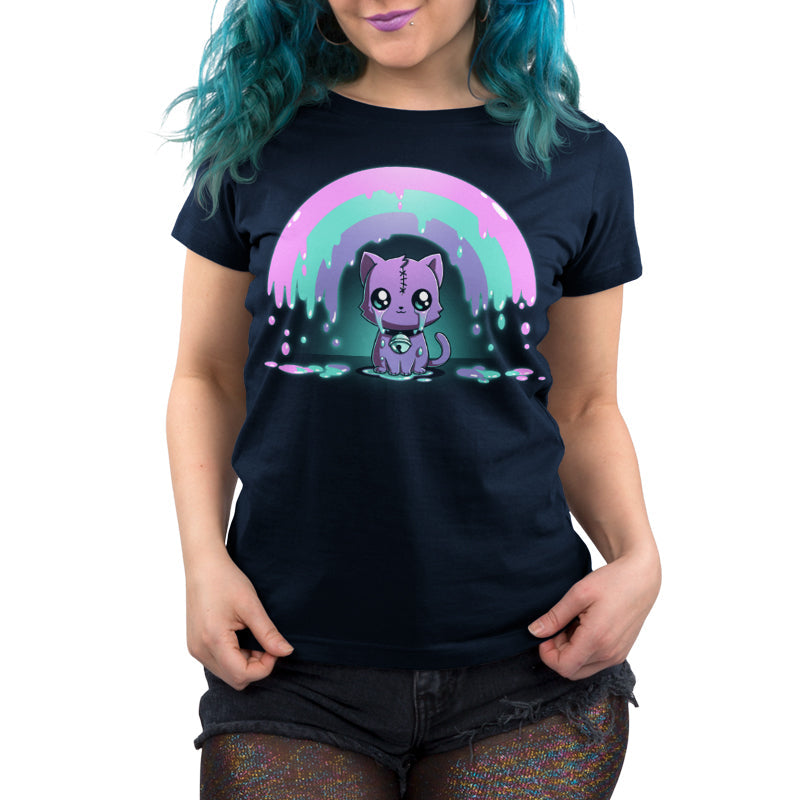 Premium Cotton T-shirt_TeeTurtle Rainbow Crying Cat navy blue t-shirt featuring a cute purple cat with large eyes and a spooky stitched forehead, sitting under a dripping pink, green, and purple rainbow.