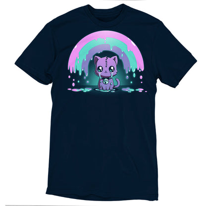 Premium Cotton T-shirt_TeeTurtle Rainbow Crying Cat navy blue t-shirt featuring a cute purple cat with large eyes and a spooky stitched forehead, sitting under a dripping pink, green, and purple rainbow.