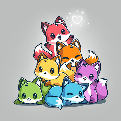 Premium Cotton T-shirt - Illustration of six colorful cartoon foxes in various poses, arranged in a playful pyramid formation with a glowing heart shape above them. Background is a plain grey. This design is featured on the "Rainbow Foxes" super soft ringspun cotton apparel by monsterdigital, with a unisex fit, perfect for anyone who loves colorful foxes tees.