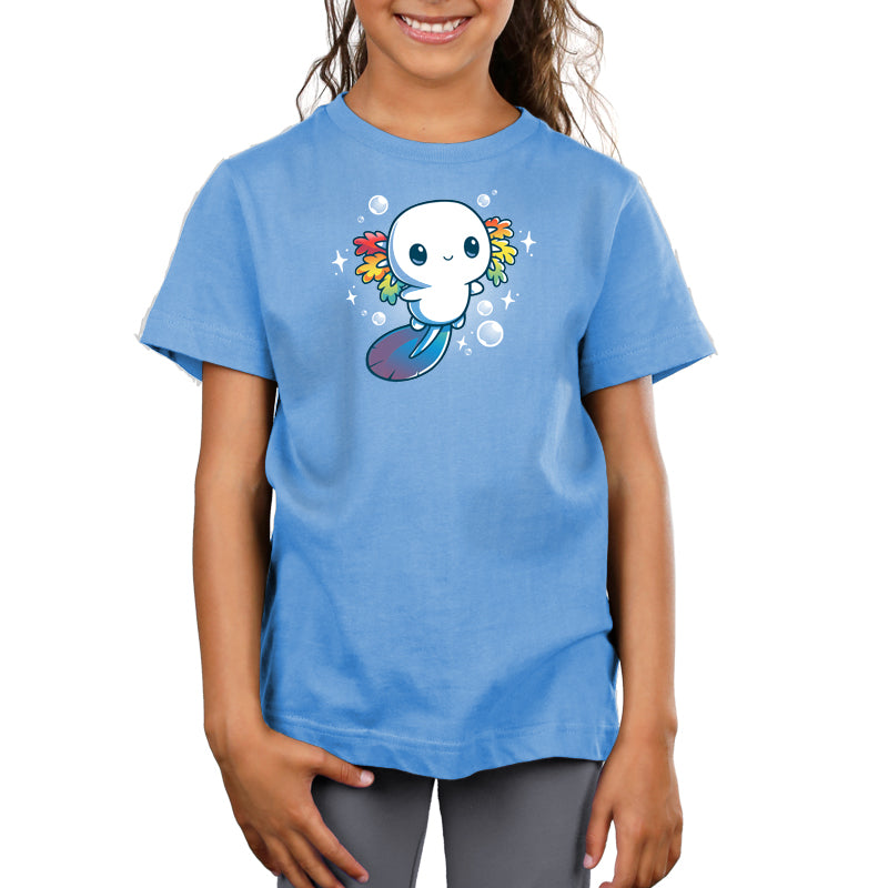 Premium Cotton T-shirt_TeeTurtle Rainbow Axolotl light blue t-shirt featuring an illustration of a smiling white axolotl with rainbow fins and gradient blue tail surrounded by stars and bubbles.