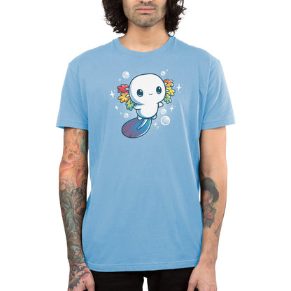 Premium Cotton T-shirt_TeeTurtle Rainbow Axolotl light blue t-shirt featuring an illustration of a smiling white axolotl with rainbow fins and gradient blue tail surrounded by stars and bubbles.