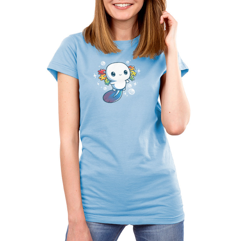 Premium Cotton T-shirt_TeeTurtle Rainbow Axolotl light blue t-shirt featuring an illustration of a smiling white axolotl with rainbow fins and gradient blue tail surrounded by stars and bubbles.