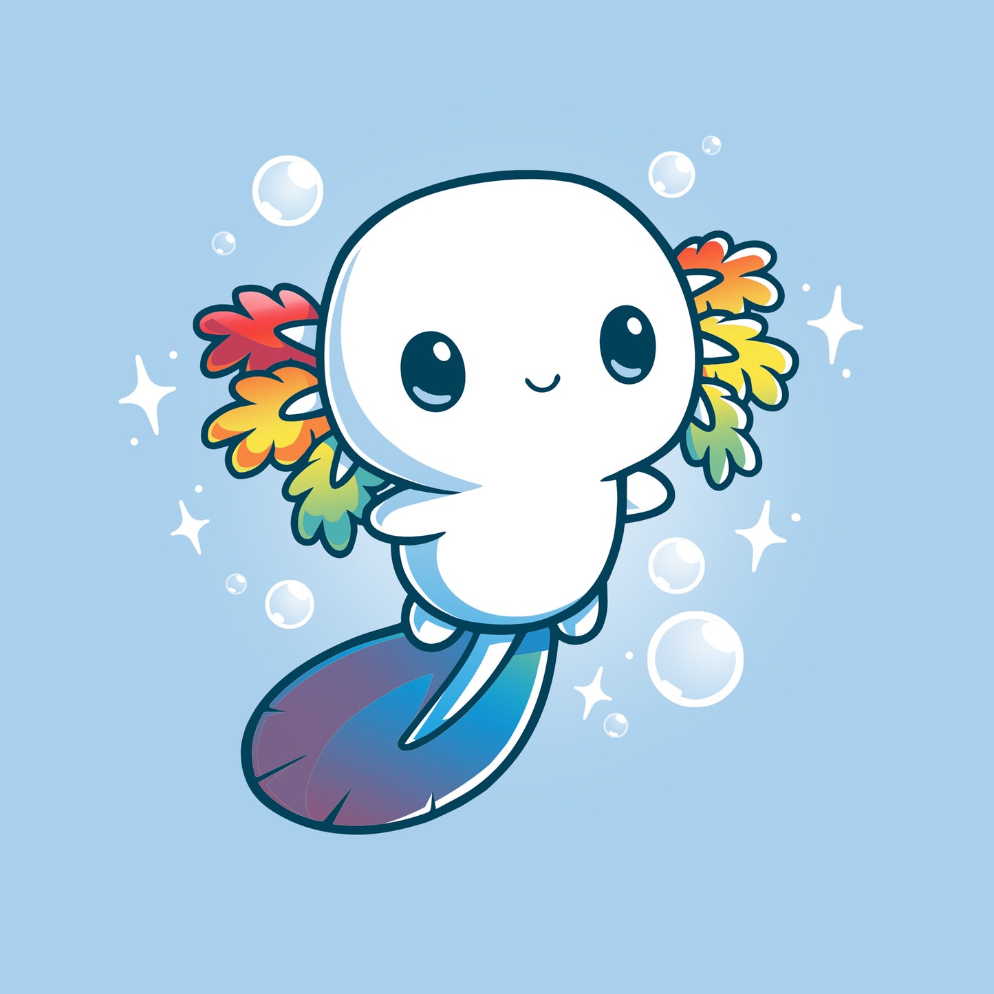 Premium Cotton T-shirt_TeeTurtle Rainbow Axolotl light blue t-shirt featuring an illustration of a smiling white axolotl with rainbow fins and gradient blue tail surrounded by stars and bubbles.