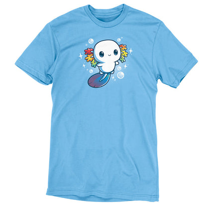 Premium Cotton T-shirt_TeeTurtle Rainbow Axolotl light blue t-shirt featuring an illustration of a smiling white axolotl with rainbow fins and gradient blue tail surrounded by stars and bubbles.