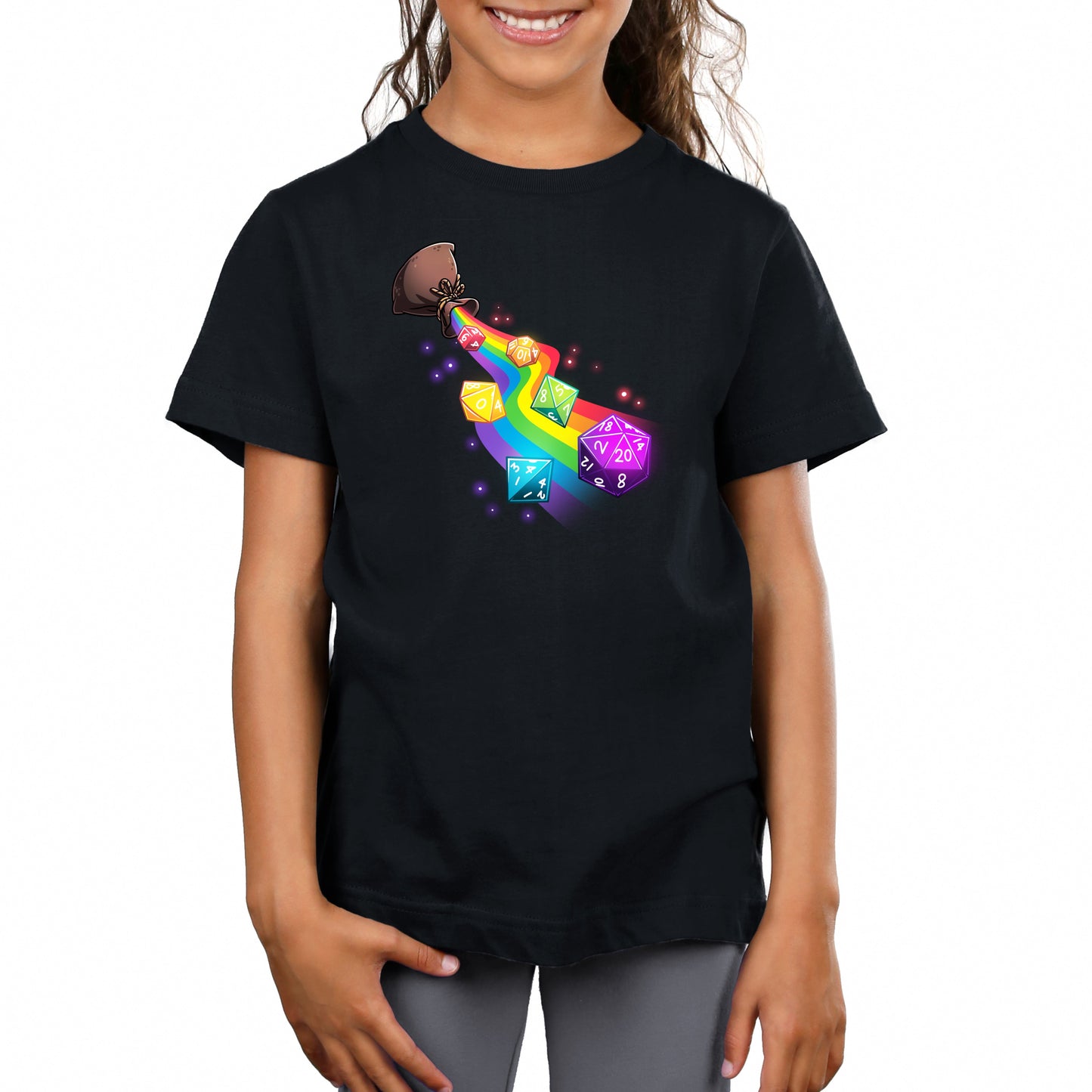 TeeTurtle black Rainbow Dice Roll Premium Cotton T-shirt. Featuring a rainbow-colored dice set spilling out of a pouch on a rainbow path.