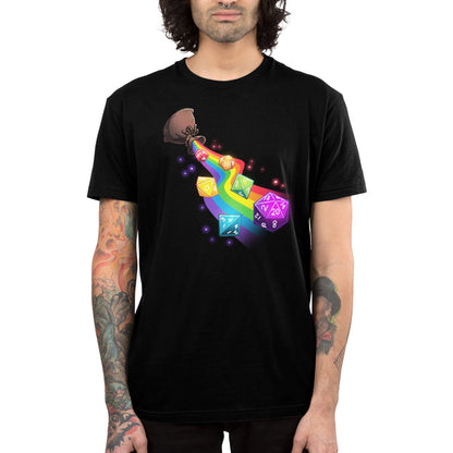 TeeTurtle black Rainbow Dice Roll Premium Cotton T-shirt. Featuring a rainbow-colored dice set spilling out of a pouch on a rainbow path.