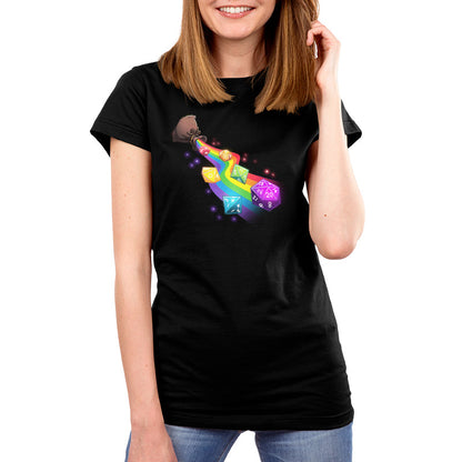 TeeTurtle black Rainbow Dice Roll Premium Cotton T-shirt. Featuring a rainbow-colored dice set spilling out of a pouch on a rainbow path.