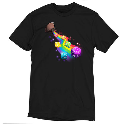 TeeTurtle black Rainbow Dice Roll Premium Cotton T-shirt. Featuring a rainbow-colored dice set spilling out of a pouch on a rainbow path.