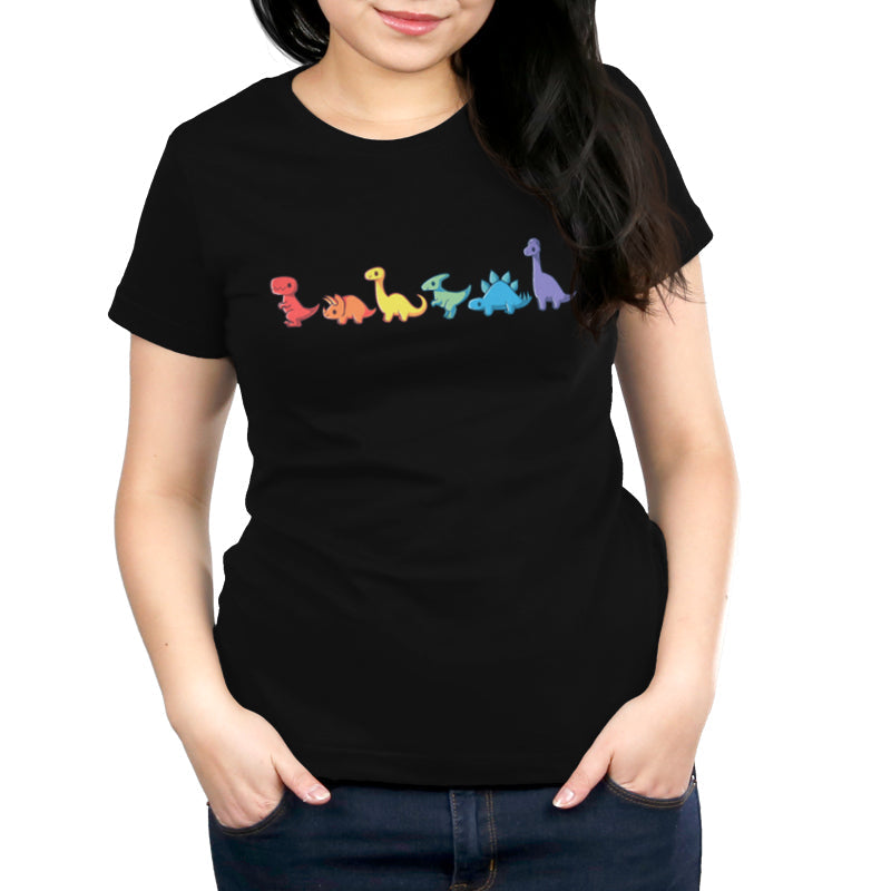 Premium Cotton T-shirt_TeeTurtle Rainbow Dinos black t-shirt featuring six colorful dinosaurs in a row, each a different color and species, from left to right: red, orange, yellow, green, blue, and purple.