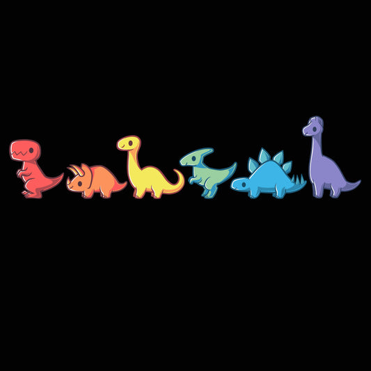 Premium Cotton T-shirt_TeeTurtle Rainbow Dinos black t-shirt featuring six colorful dinosaurs in a row, each a different color and species, from left to right: red, orange, yellow, green, blue, and purple.