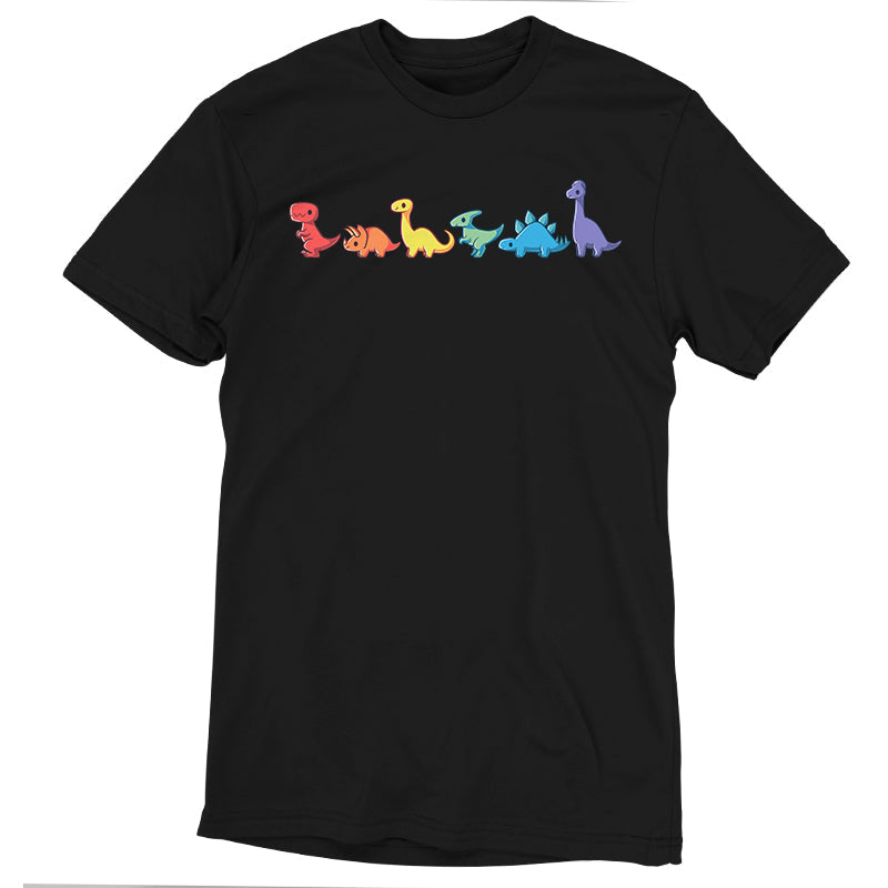 Premium Cotton T-shirt_TeeTurtle Rainbow Dinos black t-shirt featuring six colorful dinosaurs in a row, each a different color and species, from left to right: red, orange, yellow, green, blue, and purple.