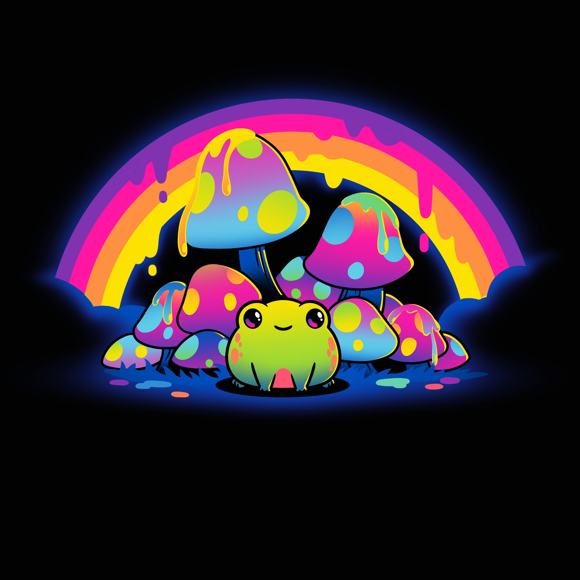 Premium Cotton T-shirt_TeeTurtle Rainbow Drip black t-shirt featuring a smiling frog sitting among colorful, spotted mushrooms with a dripping rainbow arching overhead.